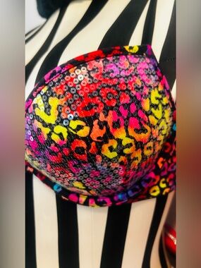 VS💕PINK”- Vibrant 🌈 Rainbow -Sequin Neon Leopard Print Push-Up  Bra
